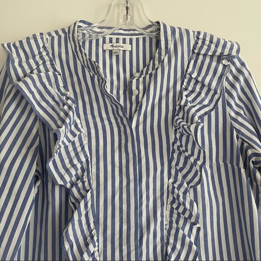 MADEWELL STRIPED RUFFLE FRONT BLOUSE BLUE WHITE - Picture 3 of 13
